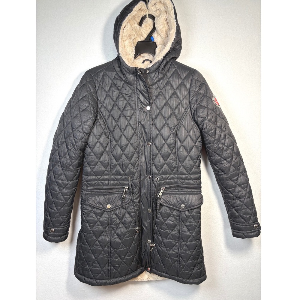 Madden NYC Quilted Parka Women Small Petite Black Excellent Faux Fur Hooded Coat